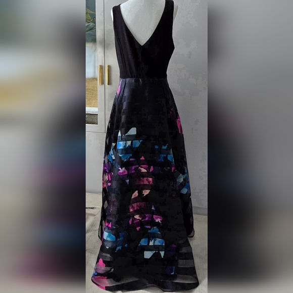 VENUS Dresses & Skirts - VENUS Black with Shimmery Pink & Blue Hi/Lo Dress w/ V Neckline Size 14